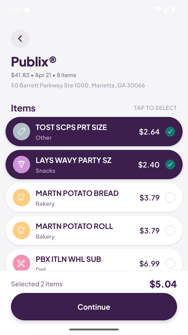 Claim items screen